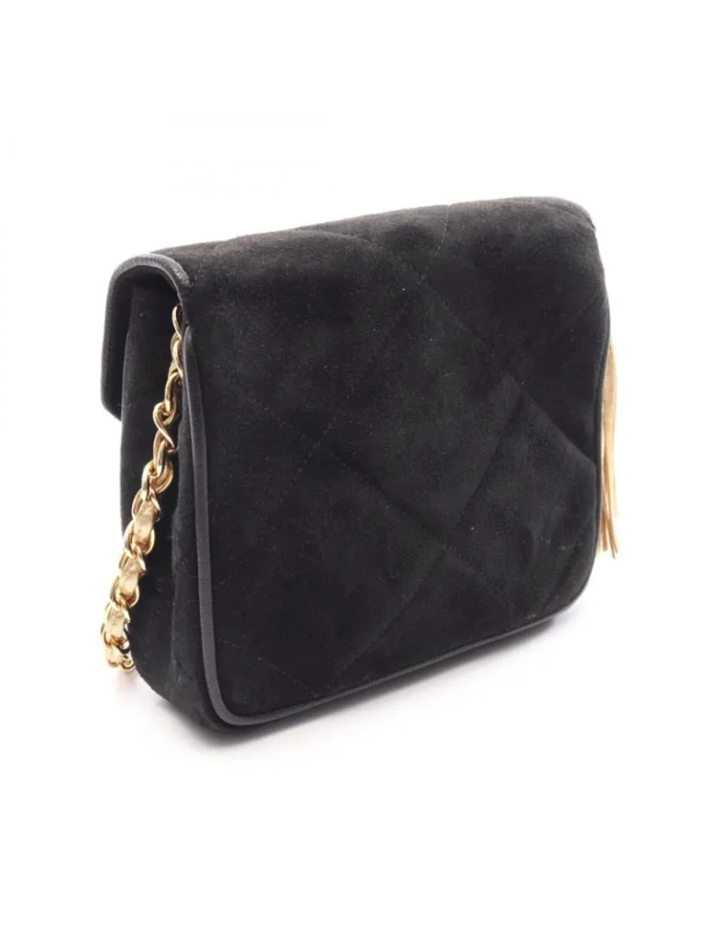 Chanel Shoulder Bag CC Logo Diamond Stitch Black Suede Fringe Mini Chain